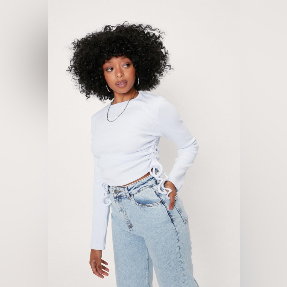 Nasty Gal Petite Long Sleeve Ruched Side Ribbed White Top